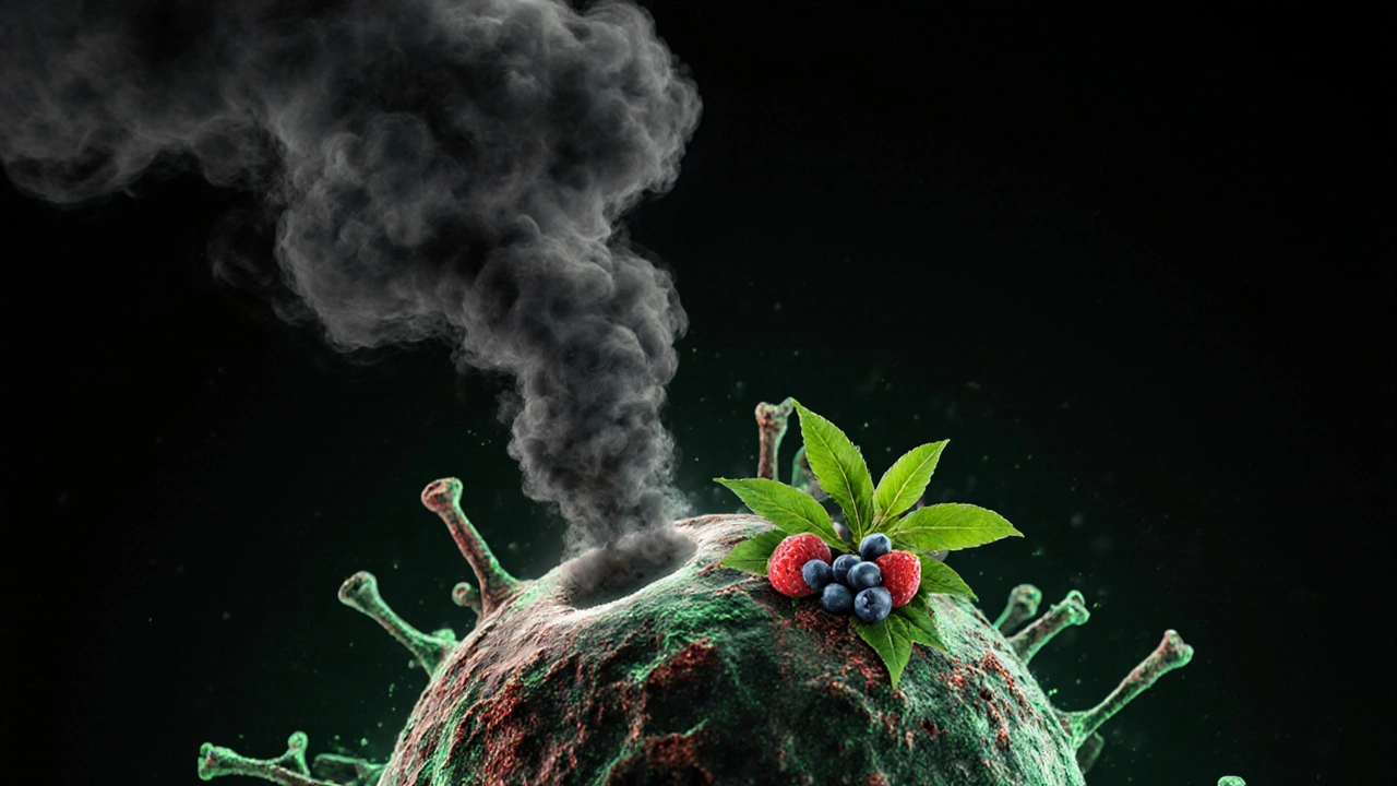 Buňka poškozovaná volnými radikály, které neutralizují antioxidanty jako zelený čaj a bobule.