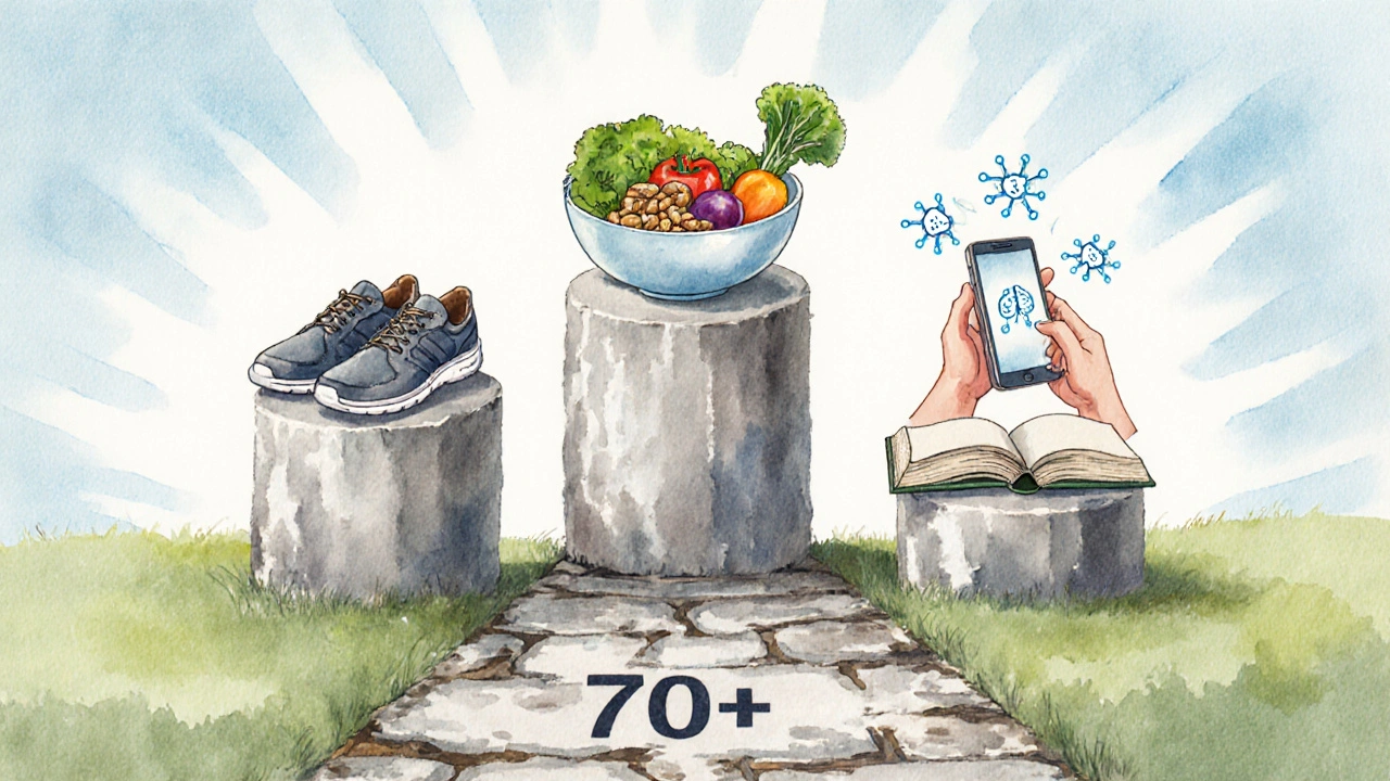 Čtyři pilíře mitigace stáří: pohyb, výživa, sociální kontakt a kognice.