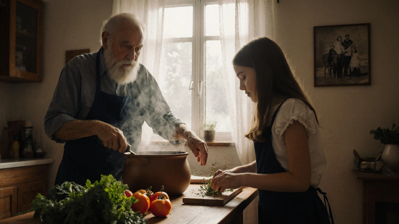 Dědeček a vnučka společně vaří česnekovou polévku v domácí kuchyni.