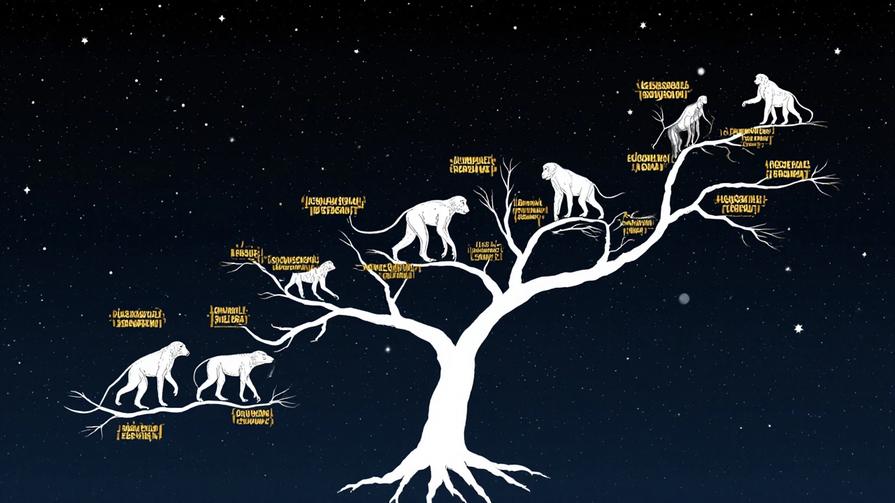 Evoluční strom s kořeny savců a větvemi k lidem a opicím.