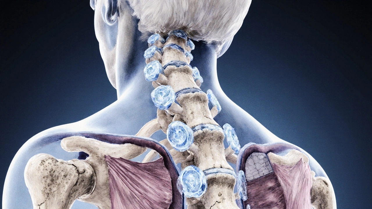 Ilustrace průřezu páteře s dehydratovanými ploténkami, křehkými kostmi a útlými svaly.
