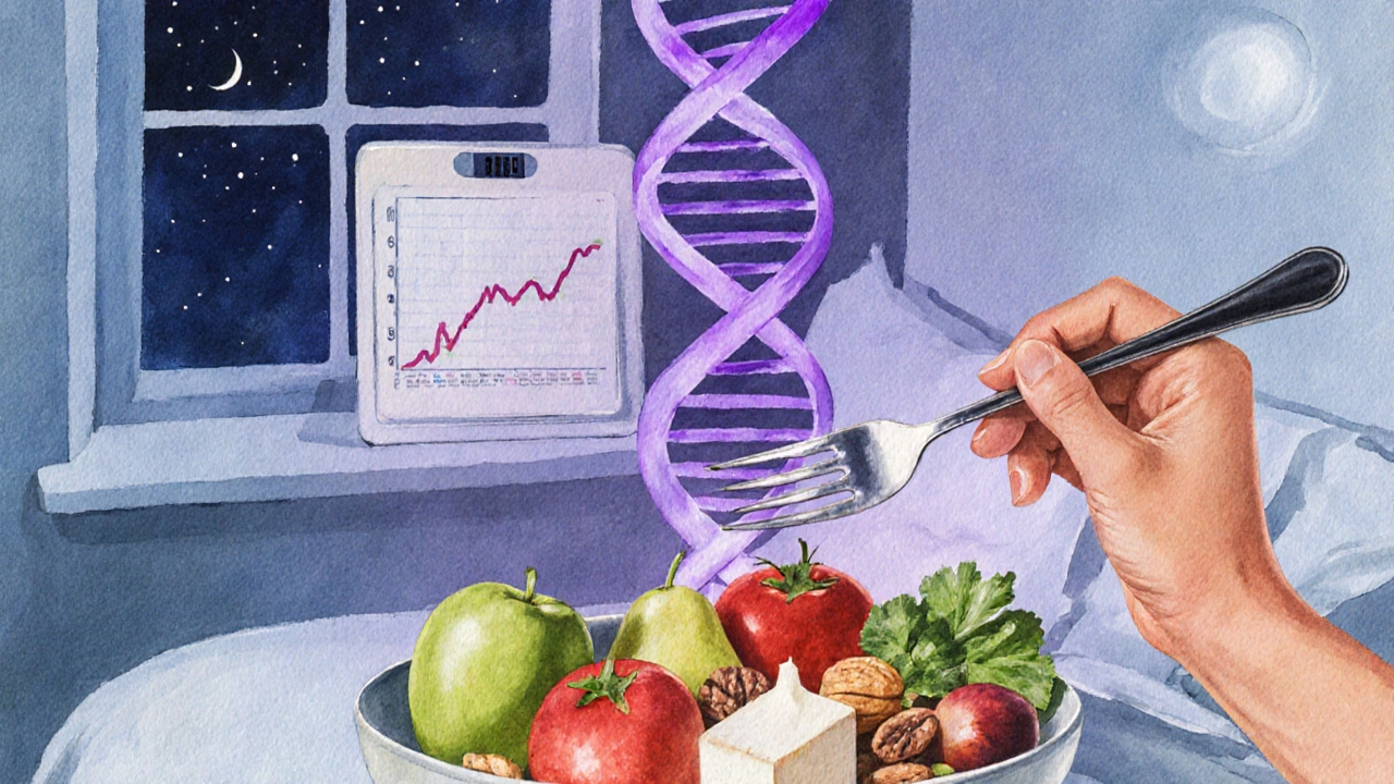 Koláž s výživou, DNA helixí, váhou a nočním oknem, znázorňující faktory puberty.