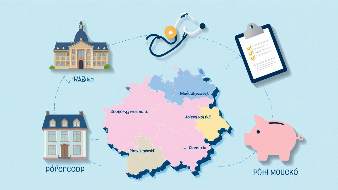 Mapa ČR s vyznačenými regiony a ikonami představujícími faktory čekací doby.