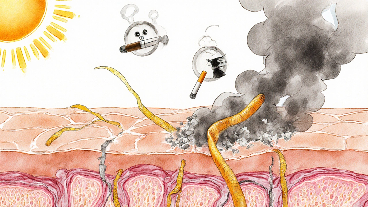 Microskopický pohled na buňky kůže, kde fibroblasty pomalu vyrábějí kolagen pod útokem UV záření a volných radikálů.