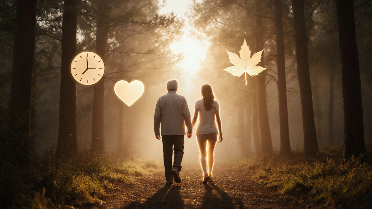 Osoba procházející lesem v ranním světle, kolem ní symboly zdravého životního stylu.