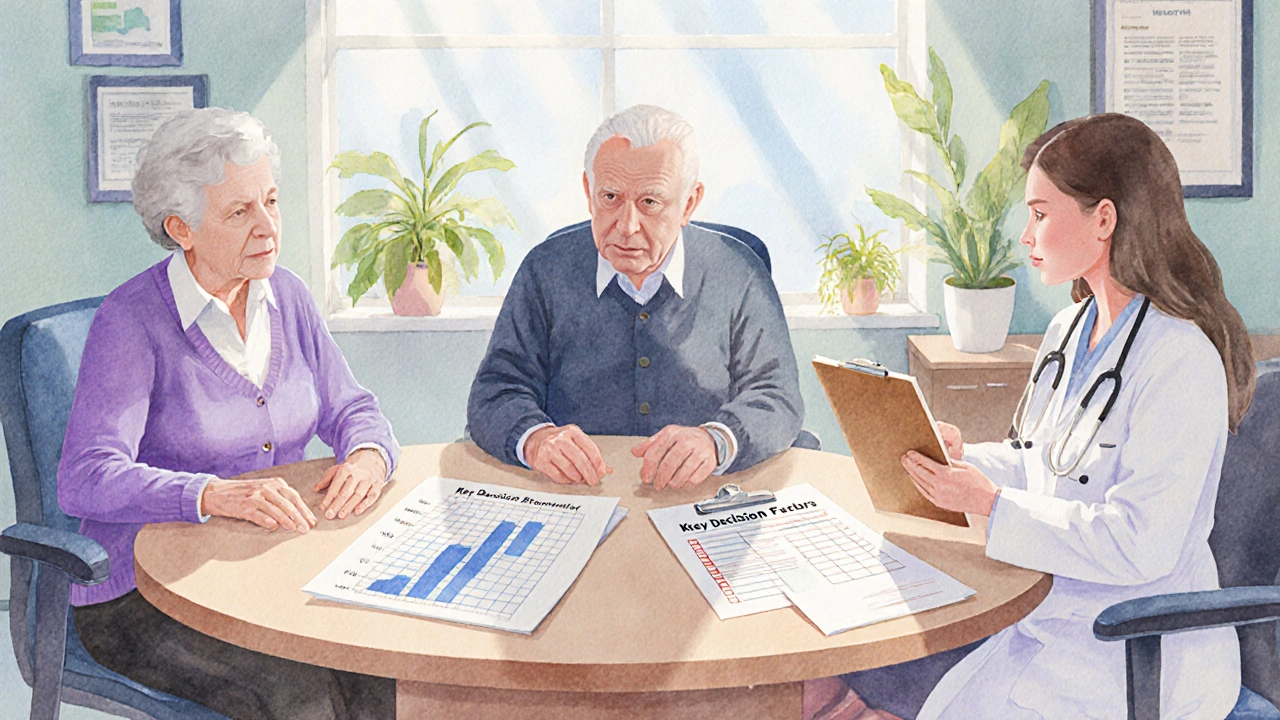 Rodina, lékař a sociální pracovník u stolu, diskutují o zdravotních a finančních faktorech.