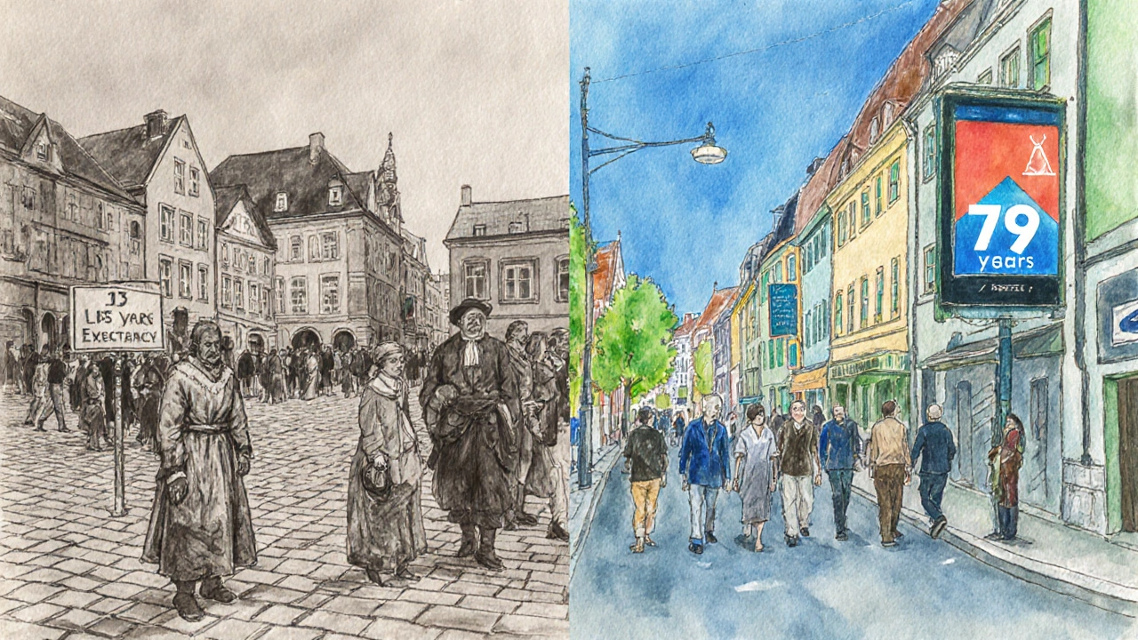 Rozdělený obraz: 18. století s 35 lety vs. současná ČR s 79 lety.