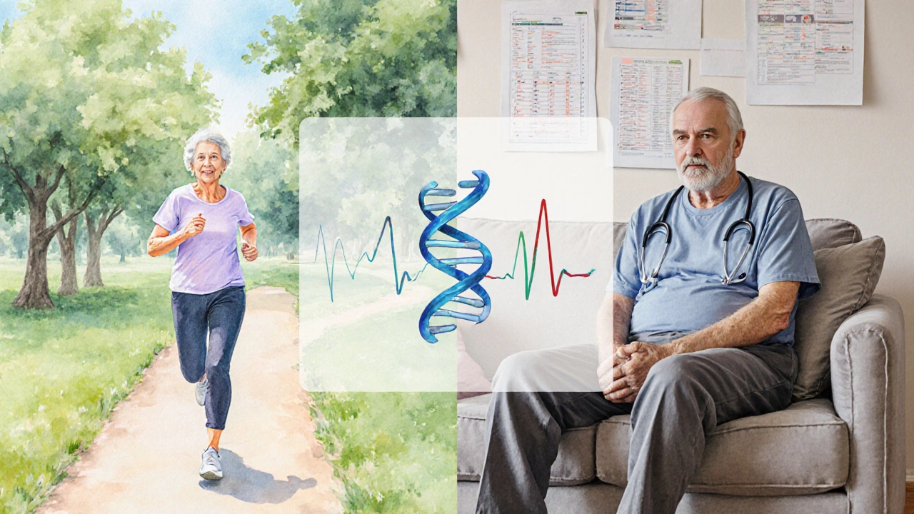 Rozdělený obraz: žena jogginguje v parku, zatímco muž sedí na gauči s lékařskými grafy, symbolizuje biologický a chronologický věk.