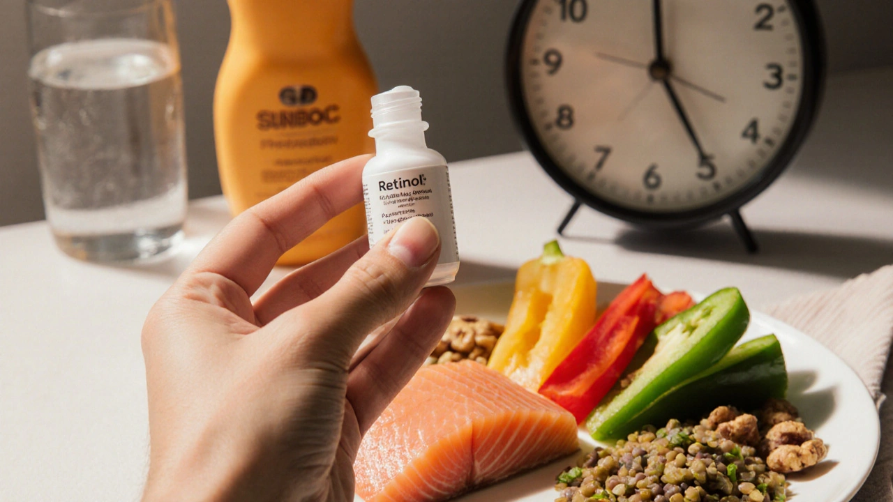 Ruka drží krém s retinolem vedle zdravých potravin a slunečního filtru, symbolizující denní péči o kůži.