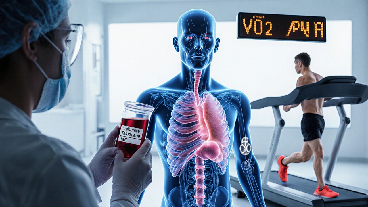 Science‑ilustrace mířící na testování hormonů, telomer a VO2 max.