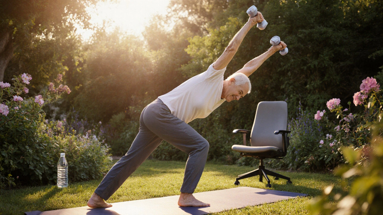 Senioři cvičí posilování a jógu na slunné zahradě, udržují správnou posturu.