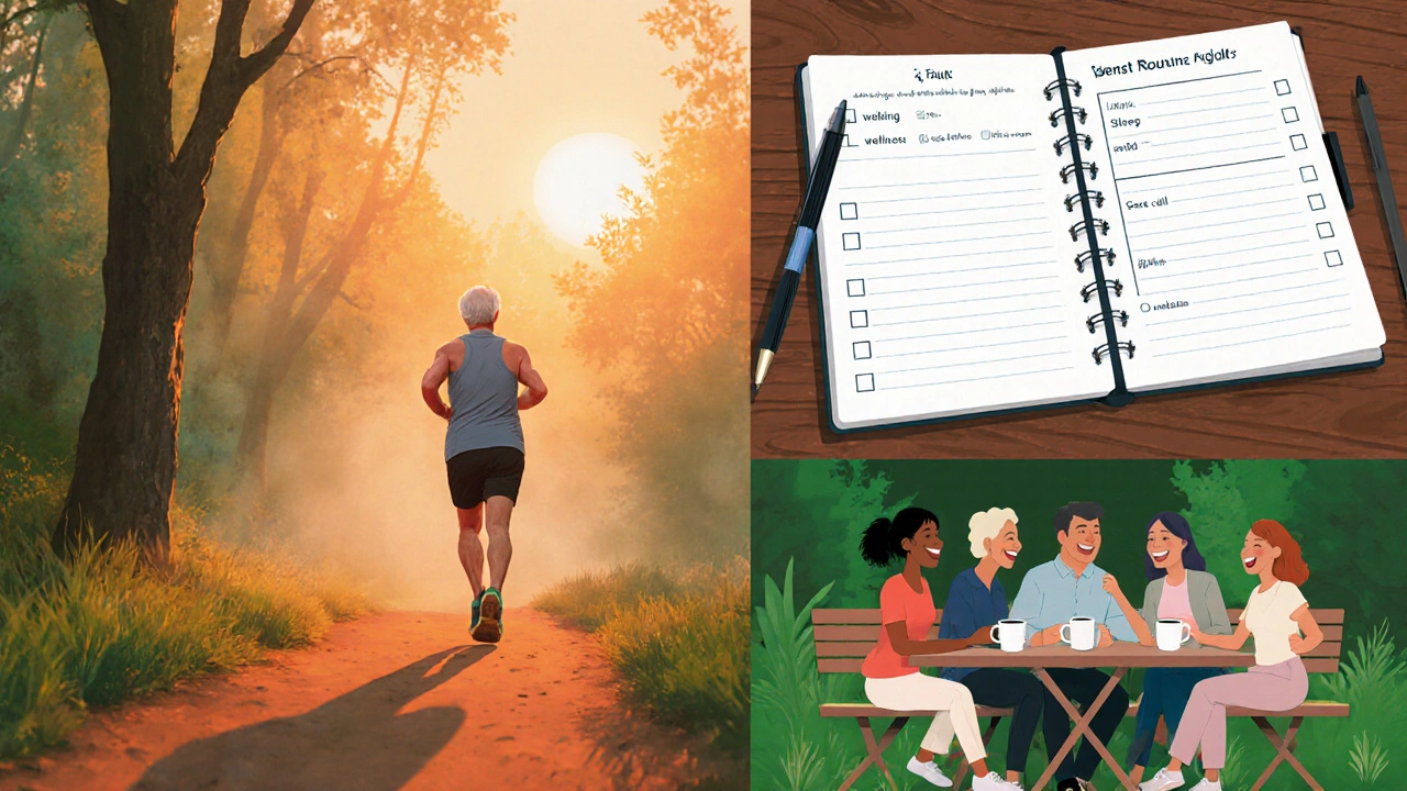 Starší běžec na ranní stezce, otevřený deník a přátelé v parku.