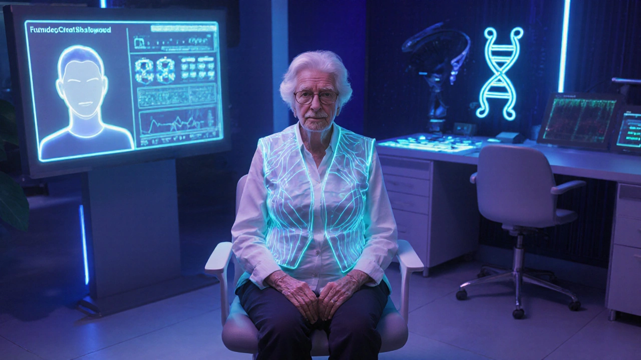 Starší žena v futuristickém telemedicínském prostoru s AI a CRISPR technologií.