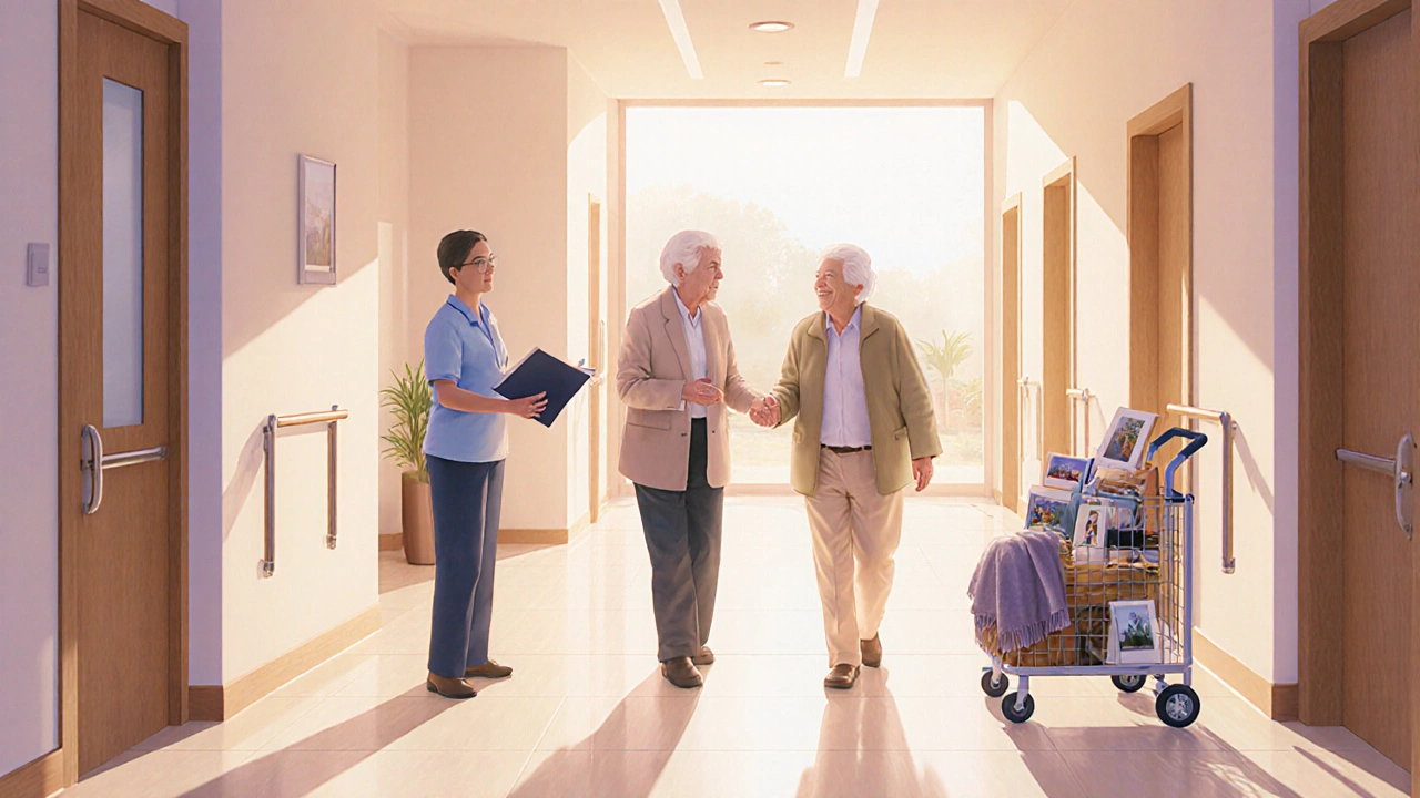 Šťastný senior vstupuje do moderního domova seniorů s osobními věcmi a přátelským personálem.