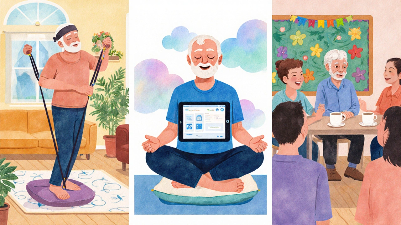 Tři ilustrace: fyzické cvičení, meditace a sociální setkání seniorů.