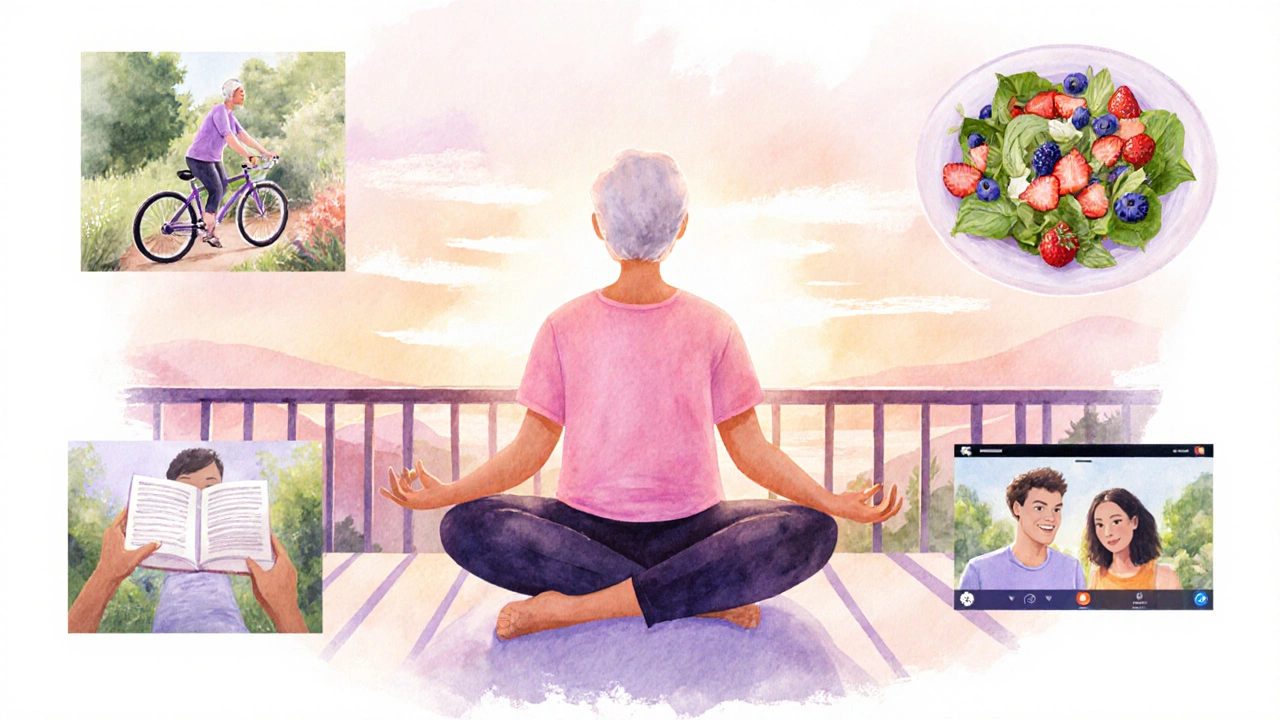 Vodovázná scéna s meditací, sportem, zdravou stravou a sociálními aktivitami.