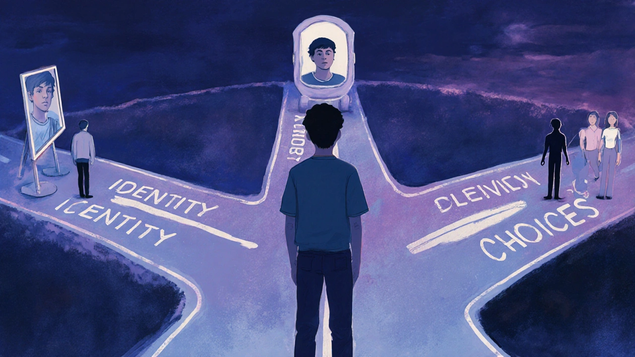 Adolescent stojí na křižovatce cest hledající identitu.