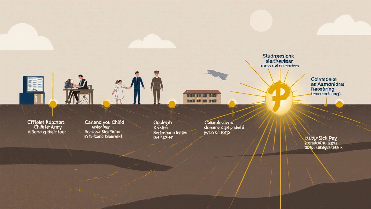 Časová osa s důležitými fážemi života, které se započítávají do důchodu.