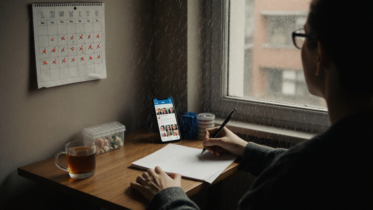 Člověk sedí u stolu s prázdným listem a telefonem, přemýšlí o životní volbě.
