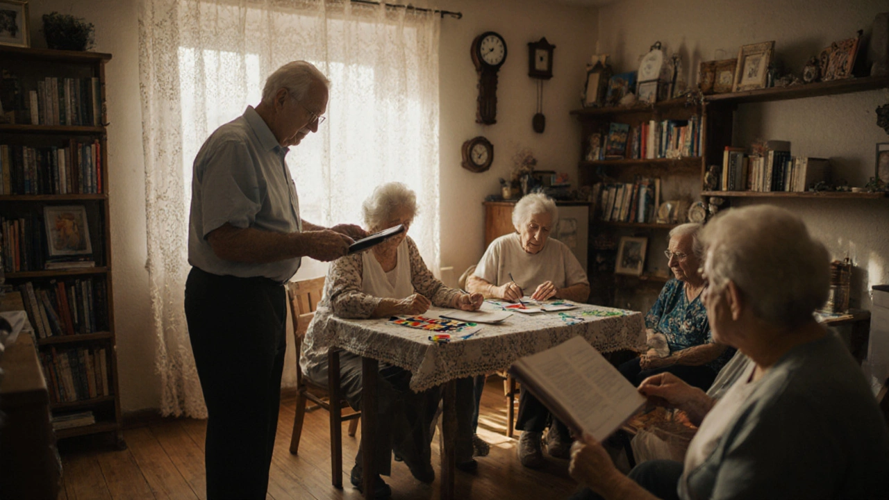 Důchodci v komunitním centru učí se používat tablet, malují a čtou knihu ve slunečném prostředí.