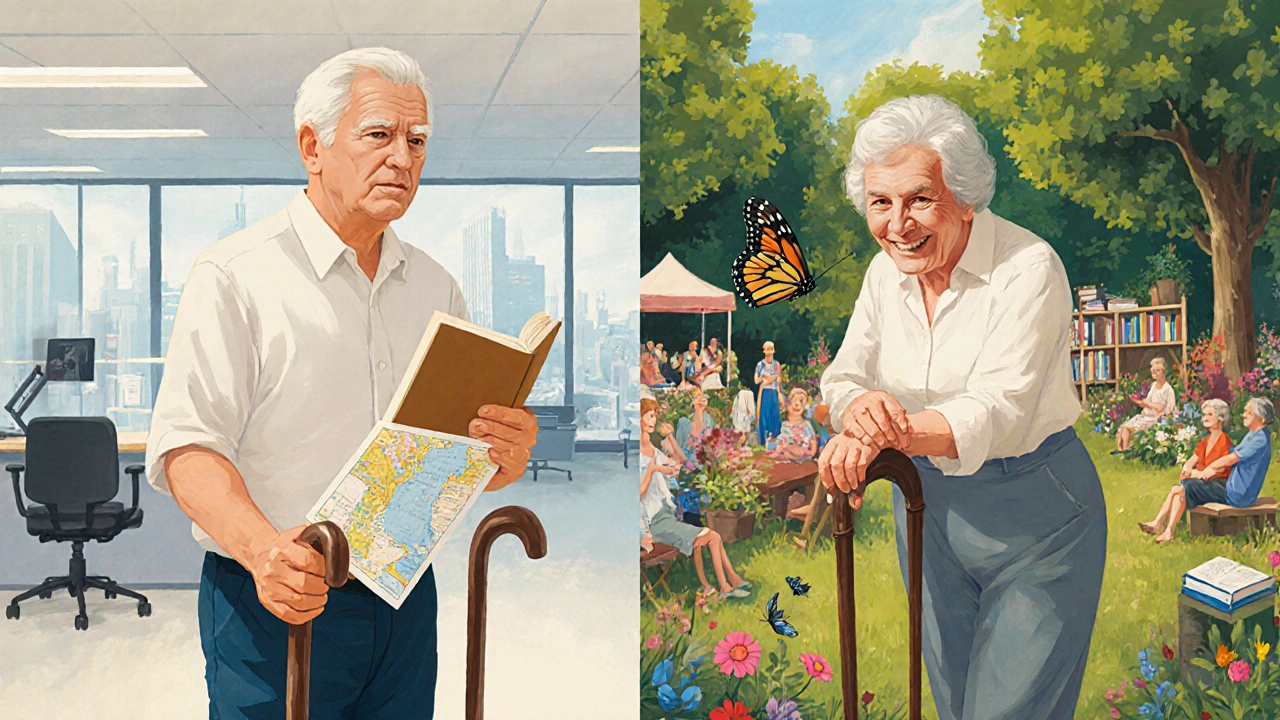 Dva staří lidé: jeden aktivní s mapou a knihou, druhý klidně pozoruje motýla, za nimi dva různé světy.