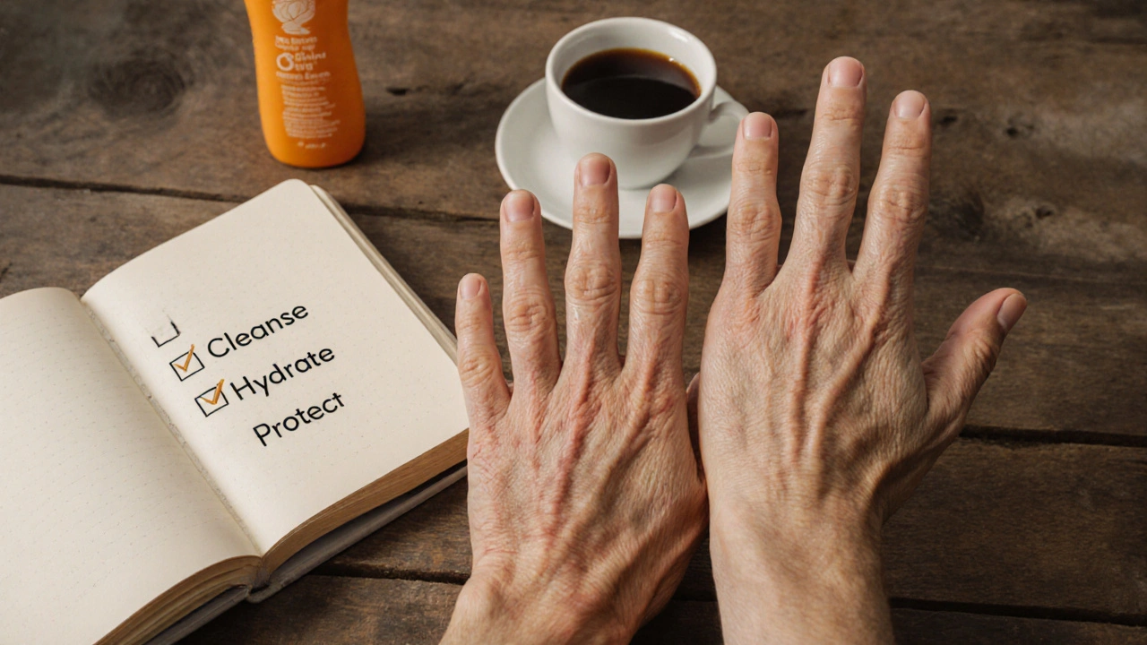 Dvě ruce — mladá a mírně stářející — na stole s kávou, krémem a seznamem péče o pleť.