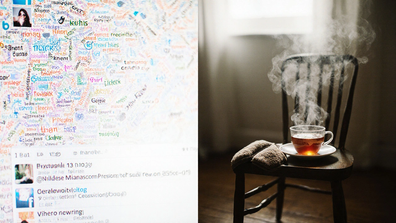 Dvě strany: sociální síť plná návštěv a jedna šálka čaje u okna.