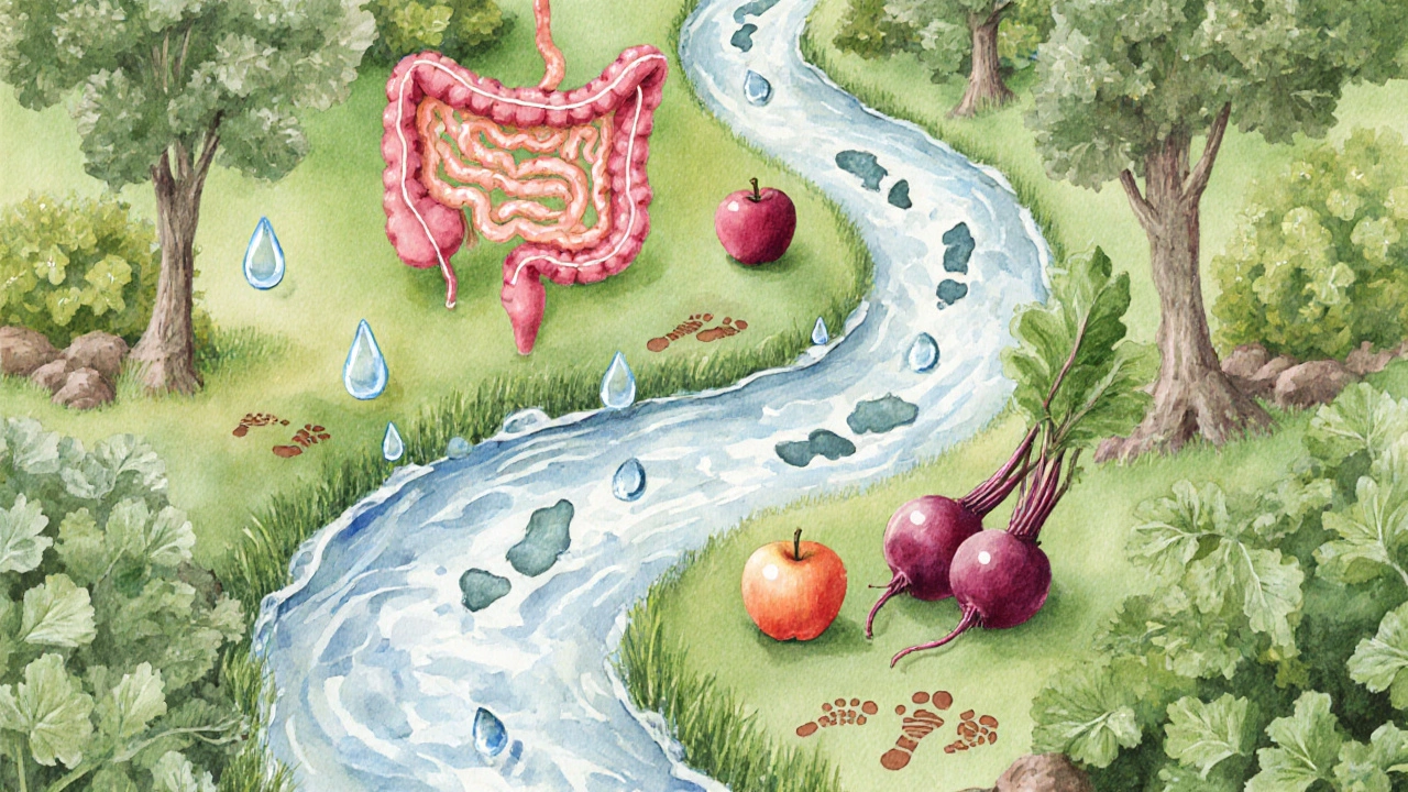 Koncepční obraz střev jako řeky v zahradě s ovocem, zeleninou a stopami chůze.