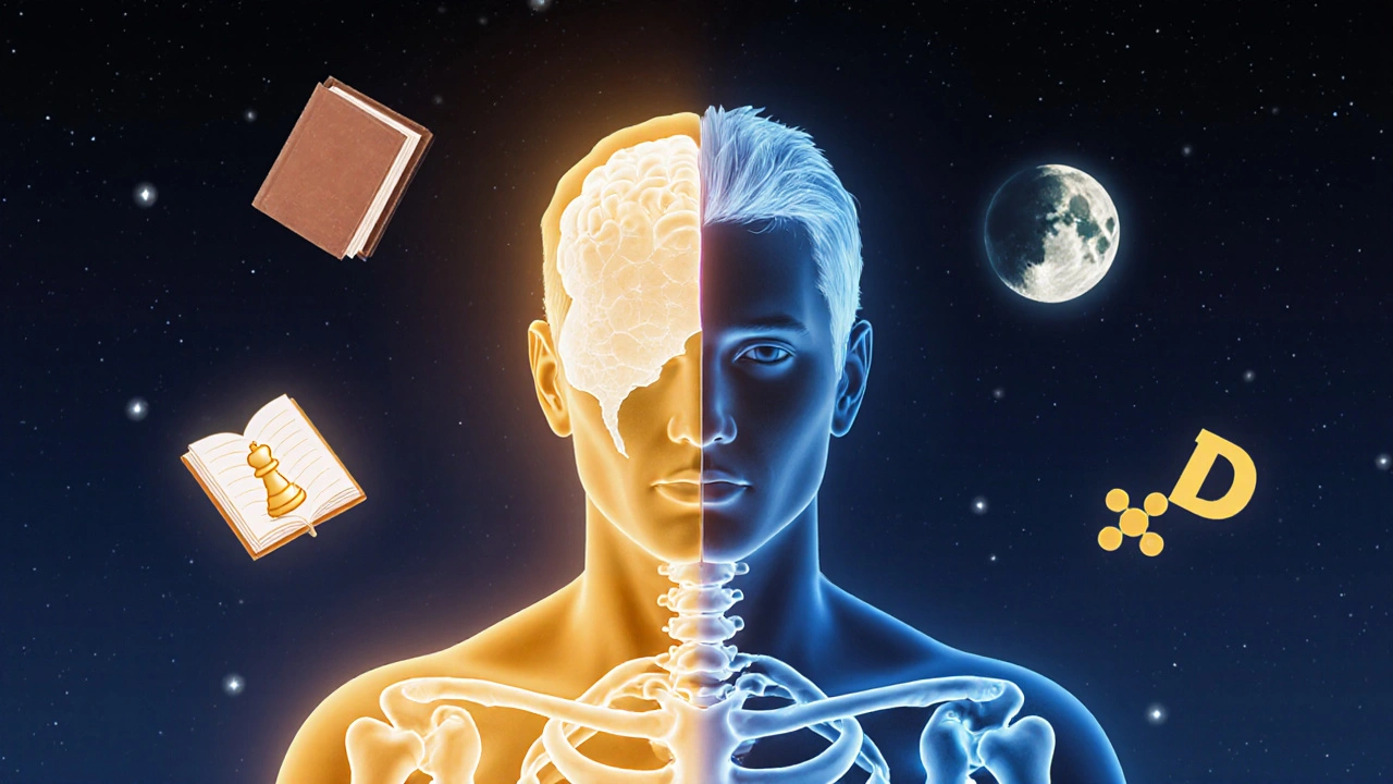 Konceptuální silueta osoby ve 40 letech s osvětleným mozkem a hormonálními symboly v noci.