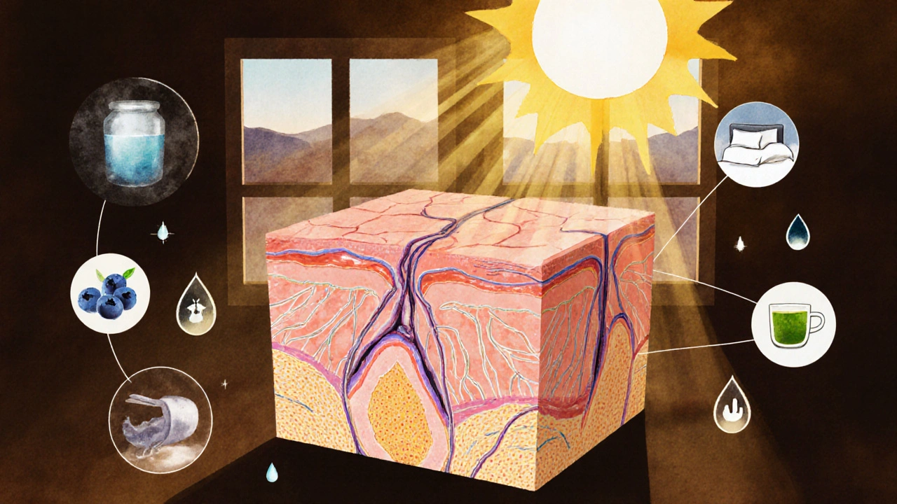 Křížový řez kůže ukazující tenčení kolagenu a poškození UV zářením s antioxidanty kolem.