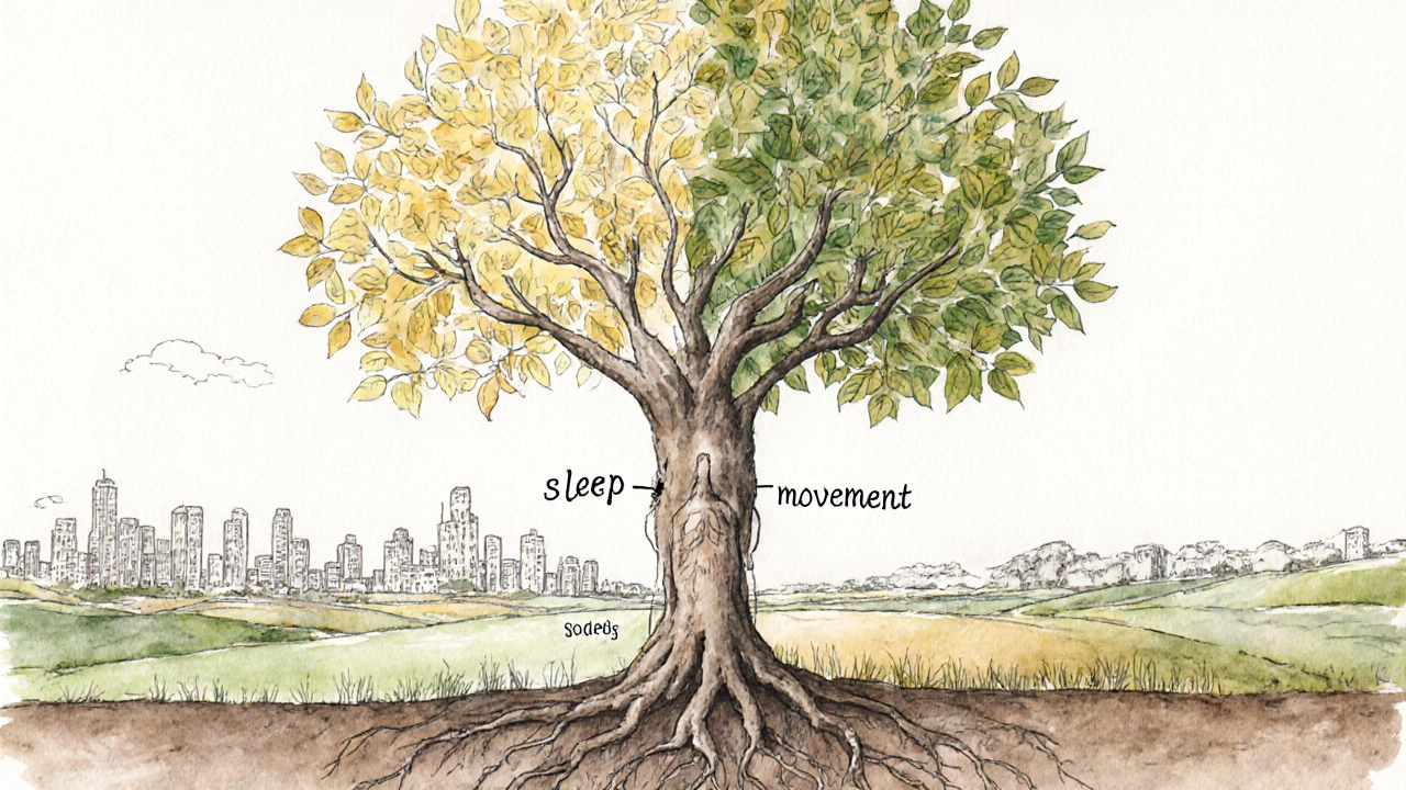 Lidské tělo jako strom s kořeny spojenými se spánkem, pohybem a vazbami.