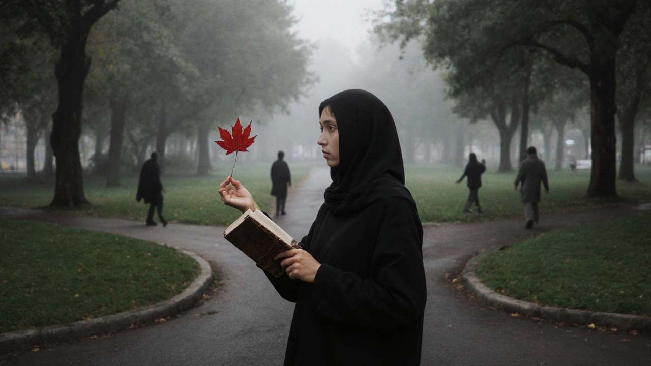 Osoba uvolňuje list stromu na křižovatce, zatímco ostatní v pozadí hledají schválení.