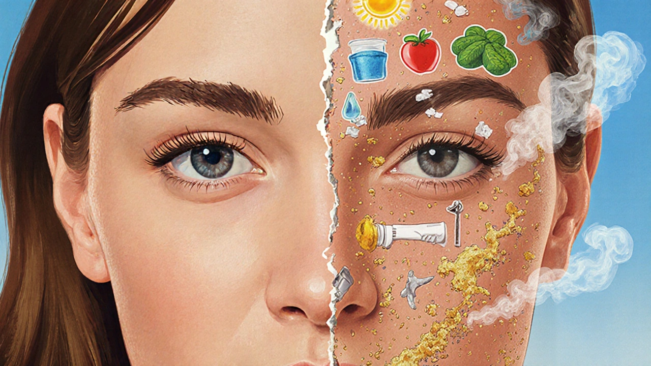 Polovina obličeje zdravá s výživou a ochranou, druhá polovina poškozená kouřením a sluncem.