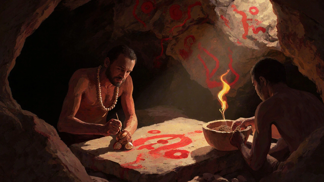 Pravěcí lidé kreslí symboly na kameni ve jeskyni Blombos s rudými pigmenty