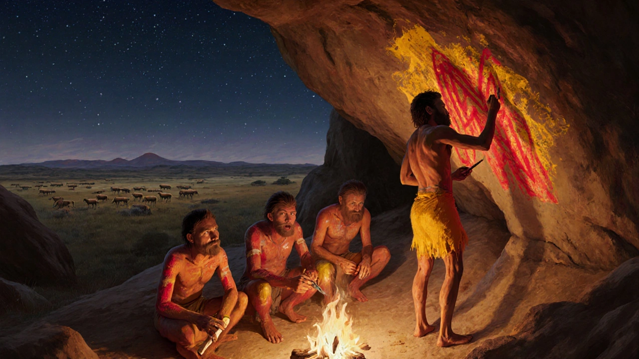 Pravěcí lidé malují symboly na stěně jeskyně pomocí rudé a žluté barvy