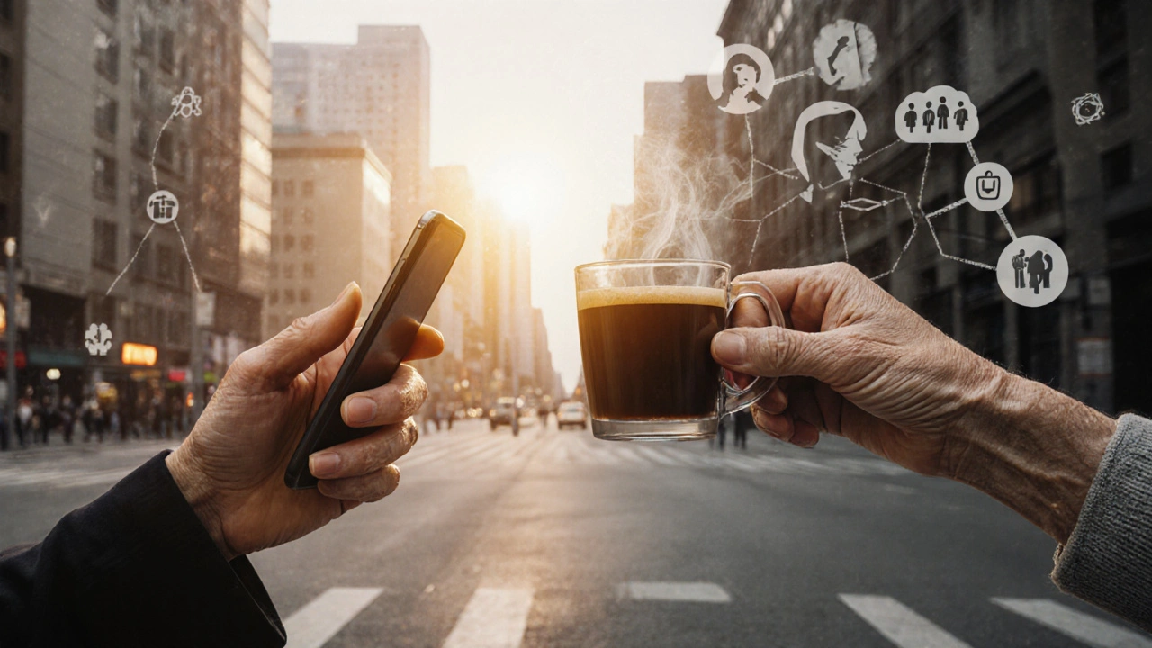 Ruce staré ženy a mladé osoby u šálku kávy, za nimi prázdná městská ulice s jemnými symboly osamění.