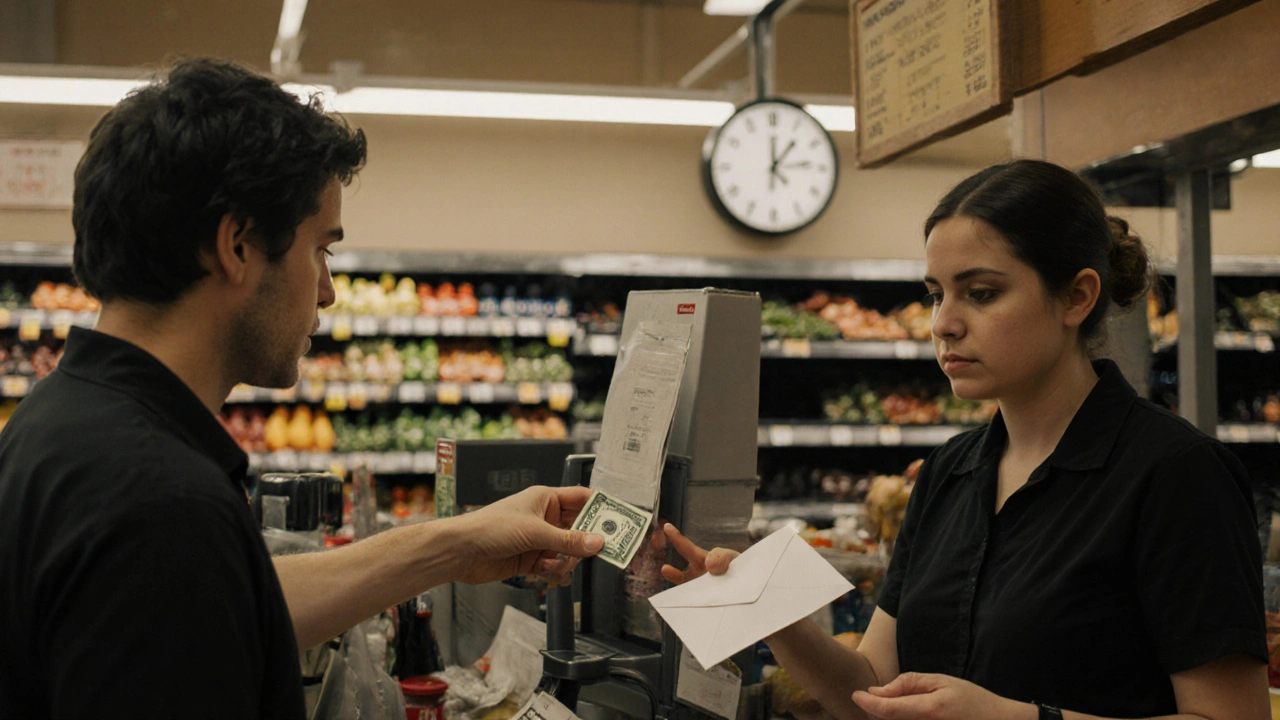 Ruka vrací peníze pokladně v obchodě, bez slov, jen s klidnou integritou.