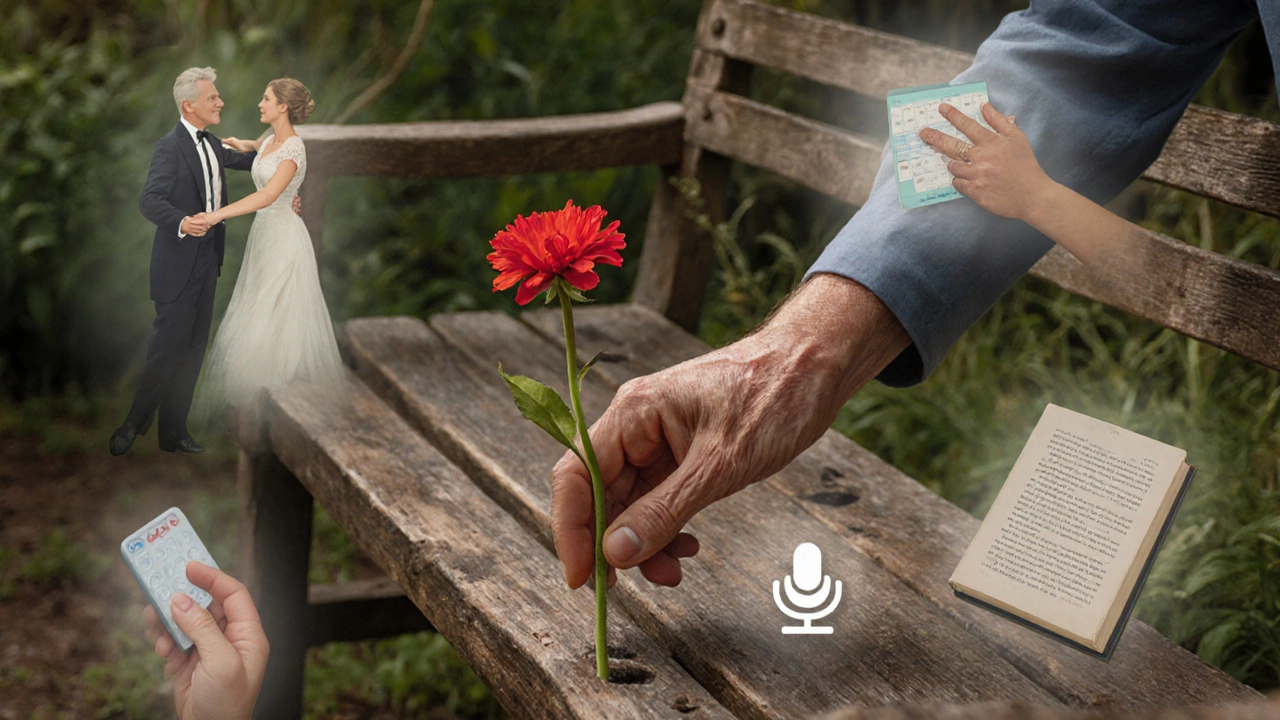 Stará ruka klade květinu na lavičku, kolem ní stíny vzpomínek.