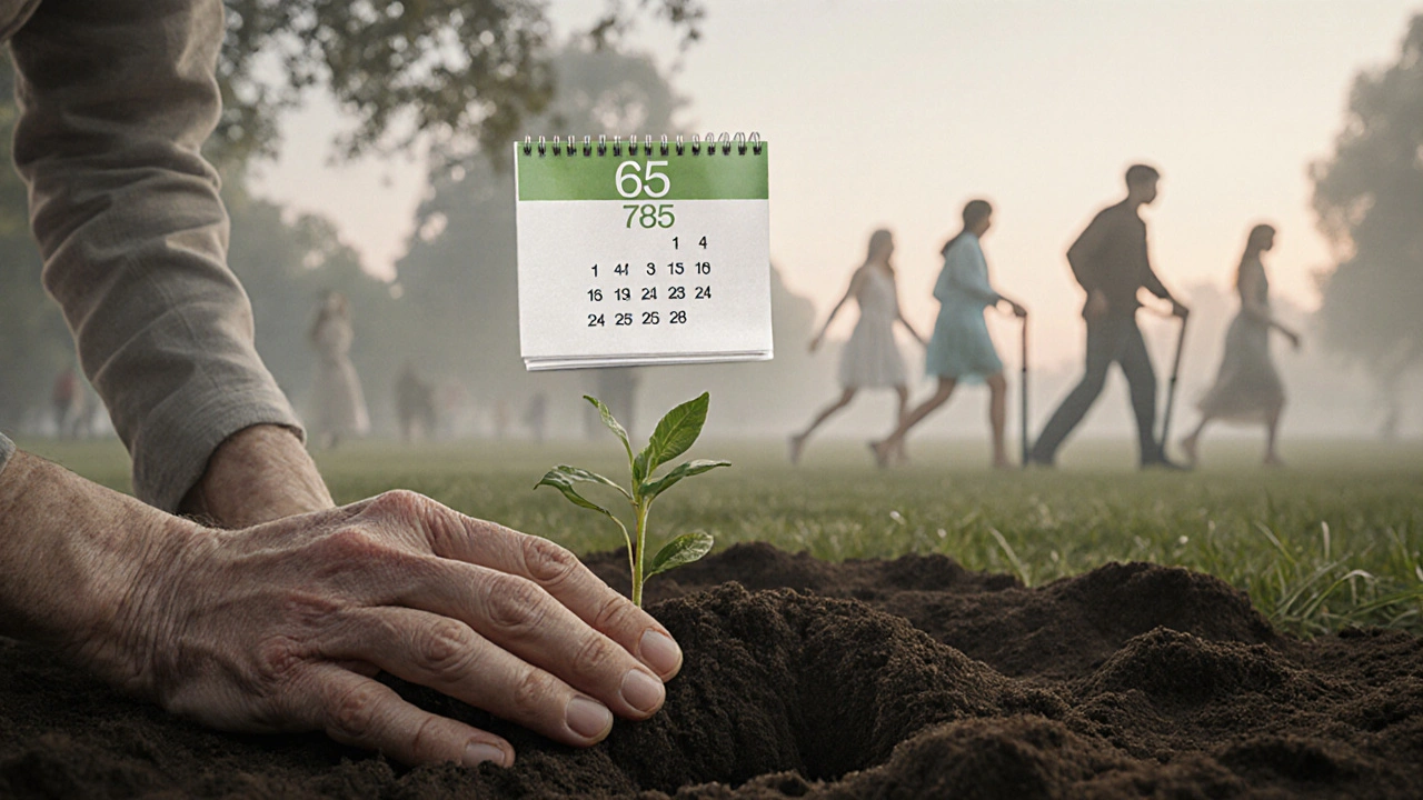 Stará ruka sází sazenici, za ní přechod od šedého ke zelenému, symbolizující obnovu ve stáří.