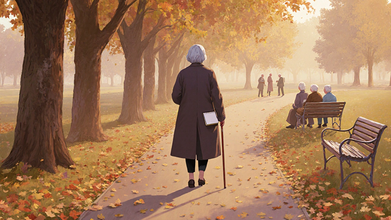 Stará žena prochází parkem v podzimním světle, drží hůl a poznámkový blok.
