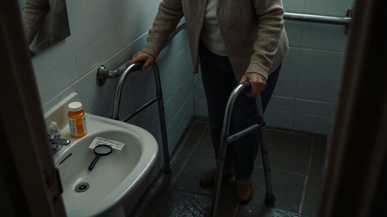 Stará žena se opírá o chodidlo u koupelny, kde chybí bezpečnostní pruty.