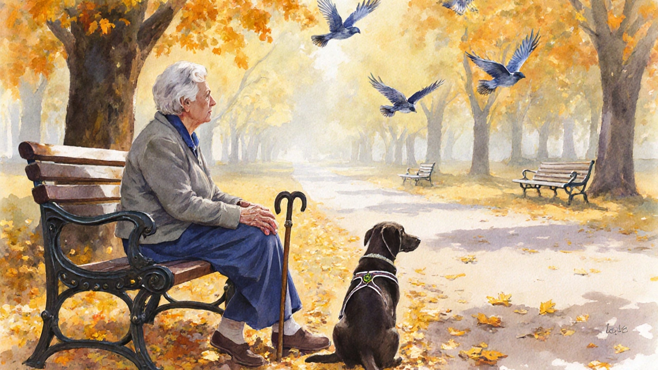 Stará žena sedí na lavičce v parku, sleduje ptáky, vedle ní sedí pes s vodícím přípravkem.