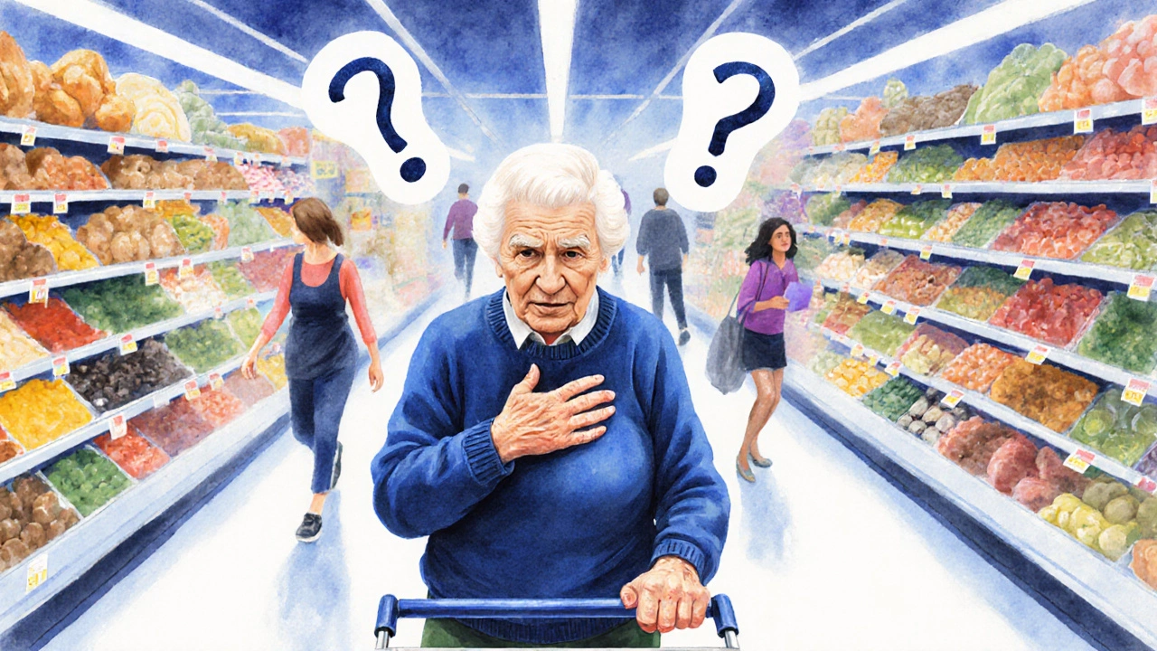 Starší žena stojí v obchodě, obklopena rozmazanými regály, tvář napjatá, ruka drží košík.