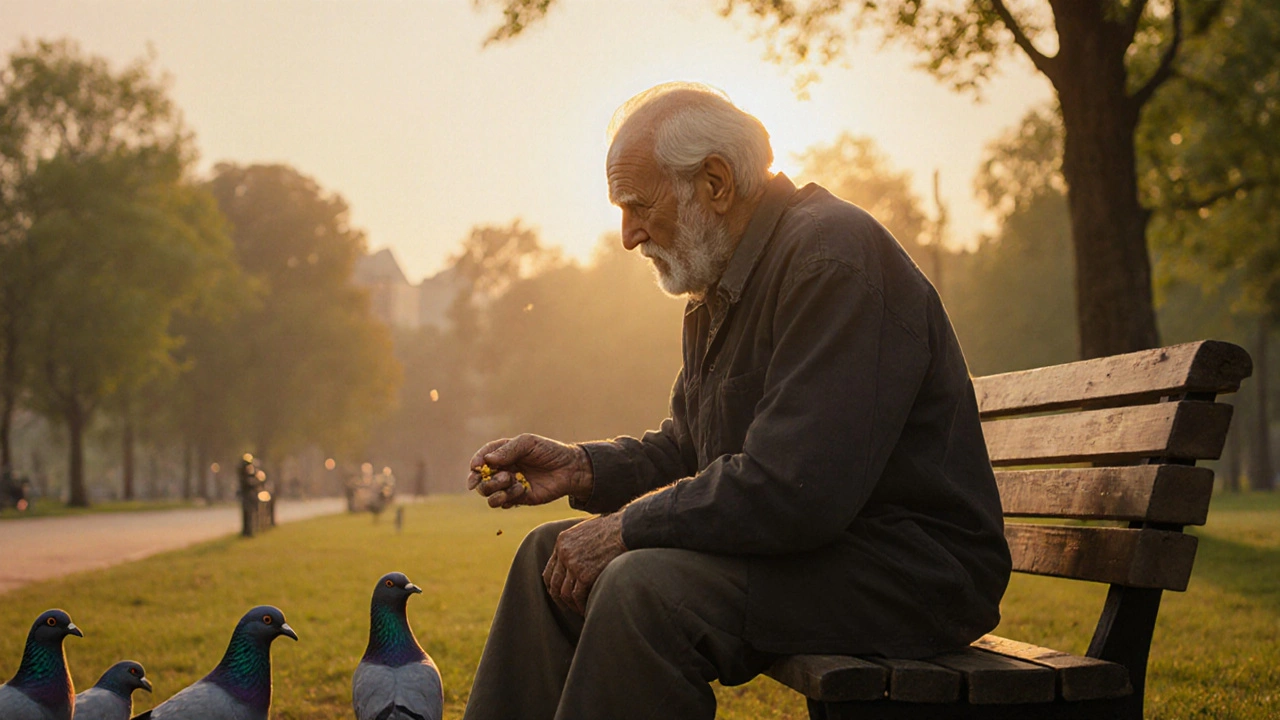 Starý muž sedí v parku a krmí holuby, klidný a pohlcený chvílí.