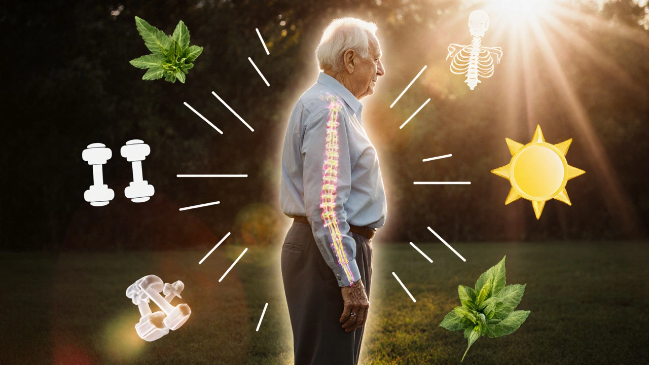 Starý muž stojí rovně na slunci, jeho zkrácená minulá postura je jako stín za ním.