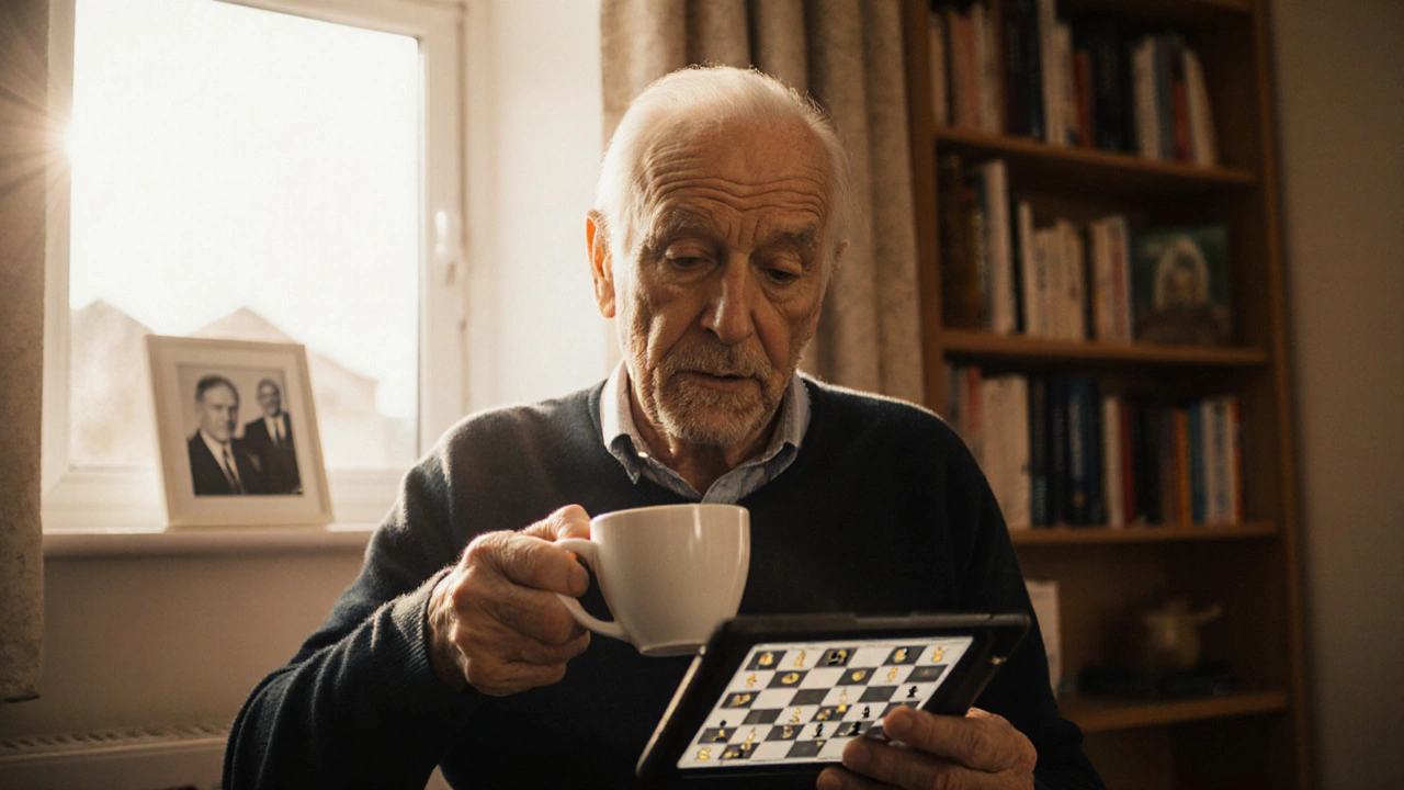 Starý muž v kuchyni s kávou a tabletou, slunce z okna, knihovna na pozadí.