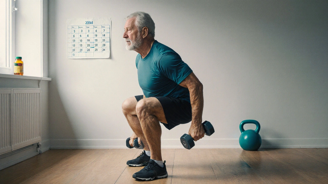 Středně stará osoba dělá silová cvičení doma s lehkými činkami a kalendářem tréninků na zdi.