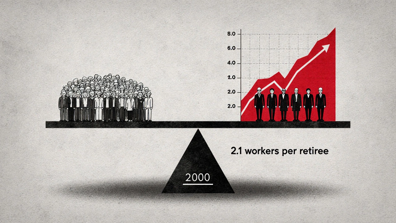 Symbolická váha: důchodci vs. pracující, ukazující nevyrovnaný poměr 2,1:1 v Česku.