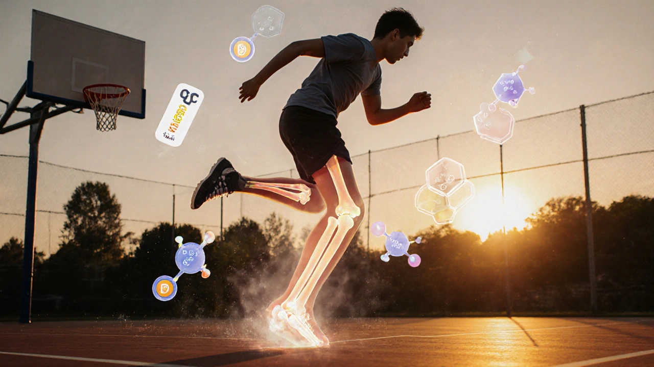 Těžký chlapec skáče při basketbalu, kolem něj plavou molekuly vápníku a vitamínu D.