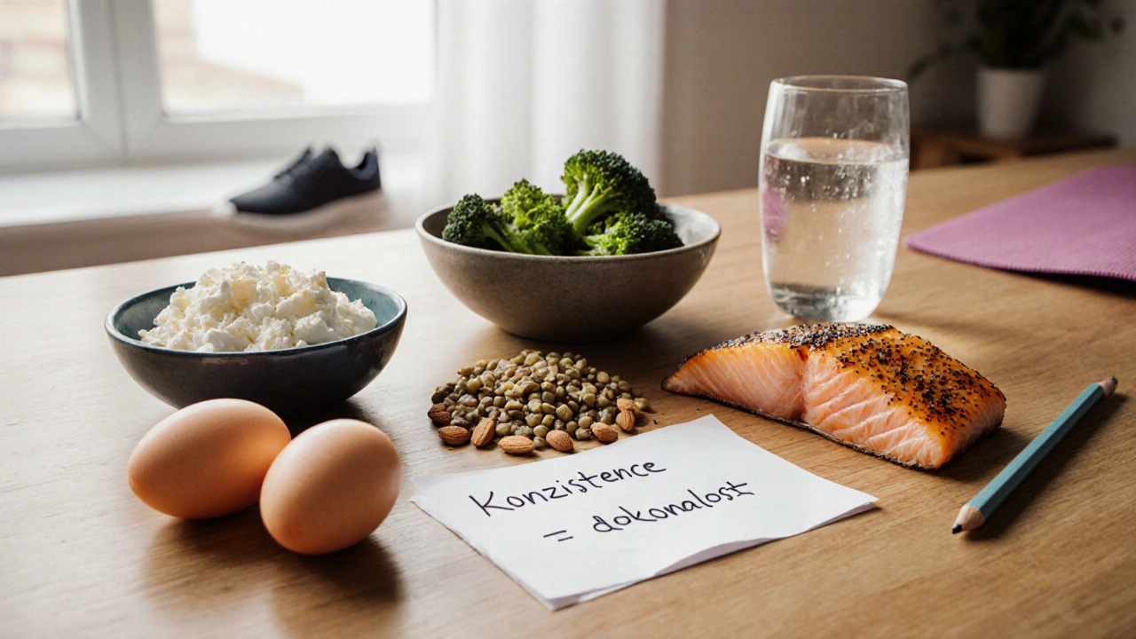 Týdenní plán stravy na dřevěné stolu s vysokým obsahem bílkovin.